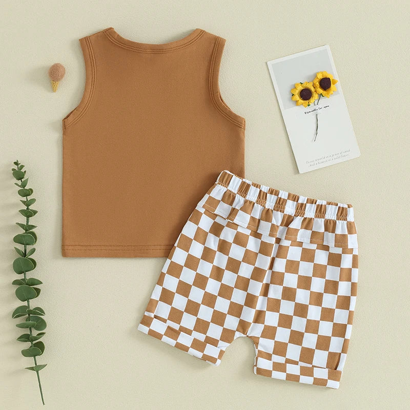 Baby Toddler Boys 2Pcs Clothes Solid Color Sleeveless Tank Top Checkered Shorts Outfit Set