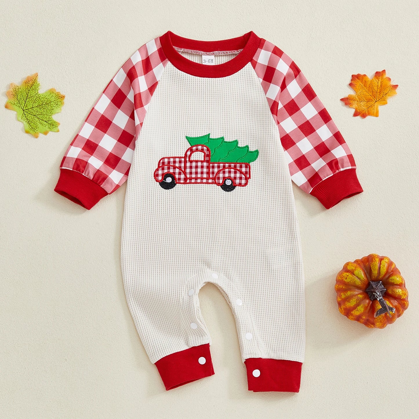 Baby Girl Boy Thanksgiving/Christmas Casual Jumpsuit Long Sleeve Round Neck Car Truck Pumpkin Christmas Tree Embroidery Plaid Romper