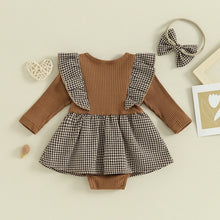 Load image into Gallery viewer, Baby Girls 2Pcs Autumn Romper Dress Long Sleeve Ruffle Houndstooth / Plaid Print Romper Overall Skirt With Headband Set
