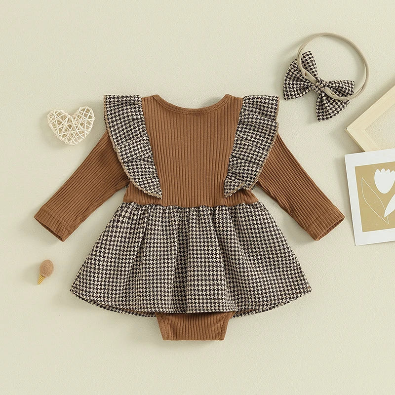 Baby Girls 2Pcs Autumn Romper Dress Long Sleeve Ruffle Houndstooth / Plaid Print Romper Overall Skirt With Headband Set