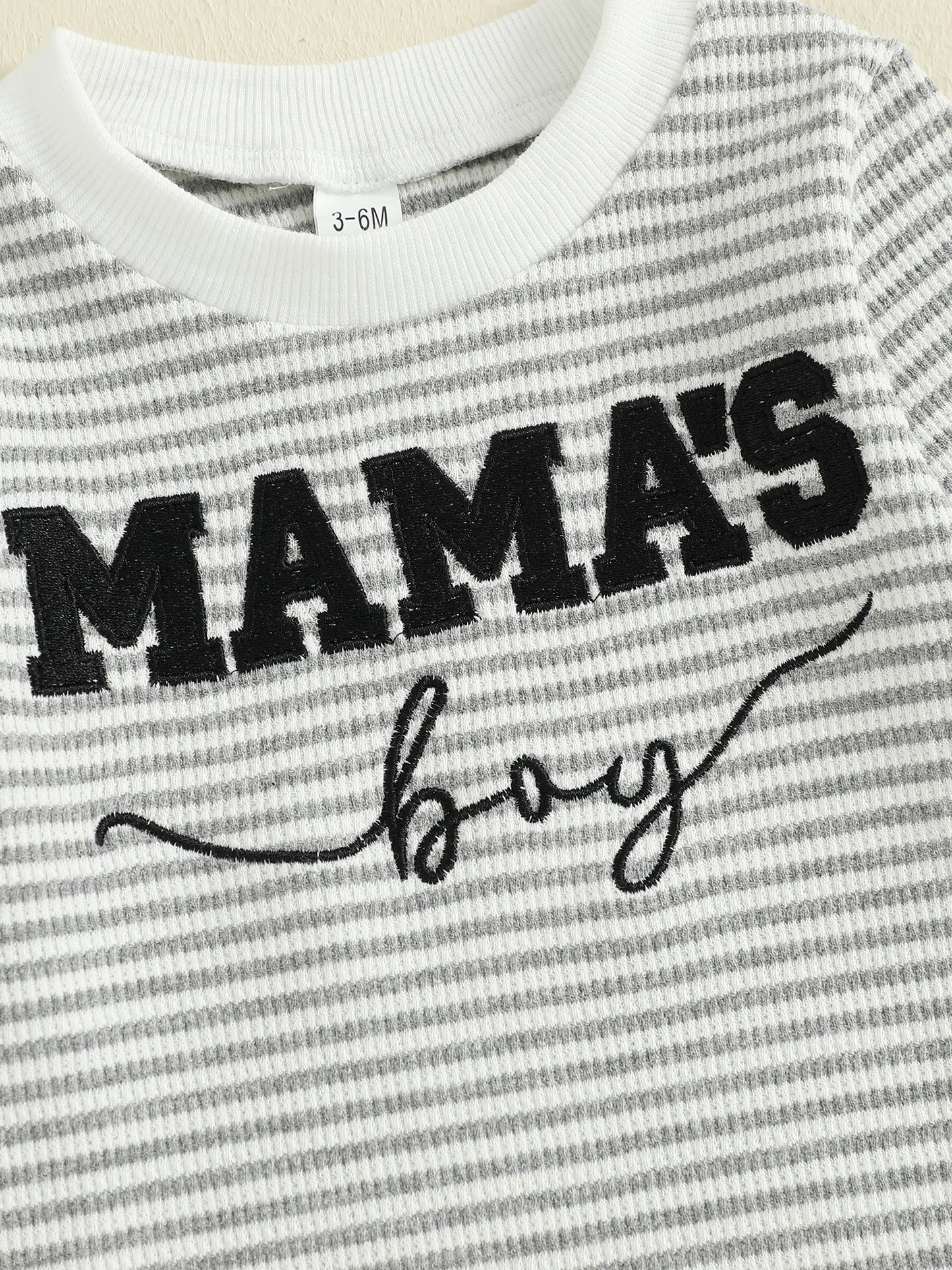 Baby Boys Mama's Boy Fall Romper Letter Embroidery Long Sleeve Round Neck Full Length Waffled Stripe Jumpsuit