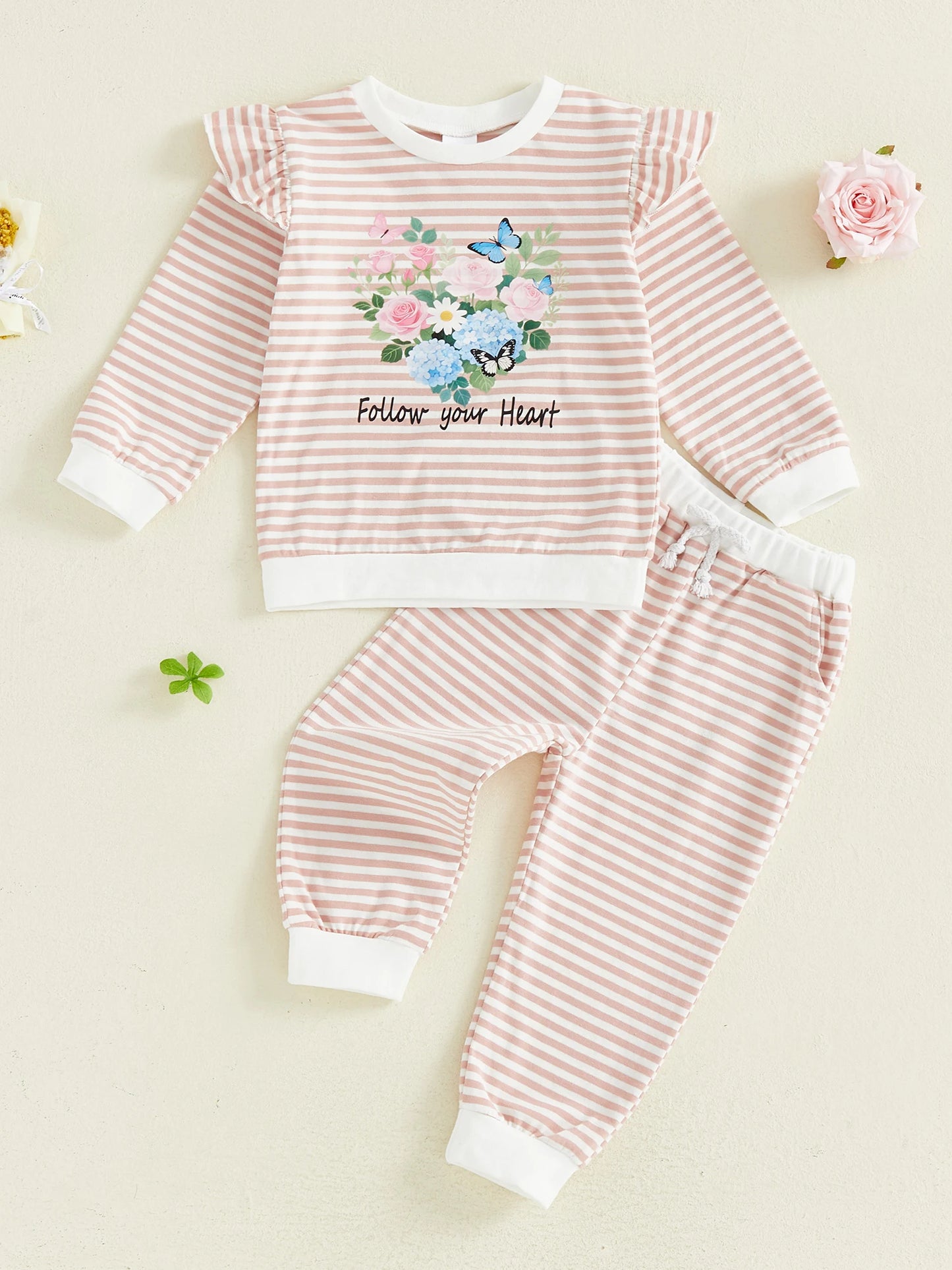 Baby Toddler Girls 2Pcs Follow Your Heart Spring Outfit Ruffle Long Sleeve Crew Neck Letters Floral Print Top with Striped Pants Jogger Set