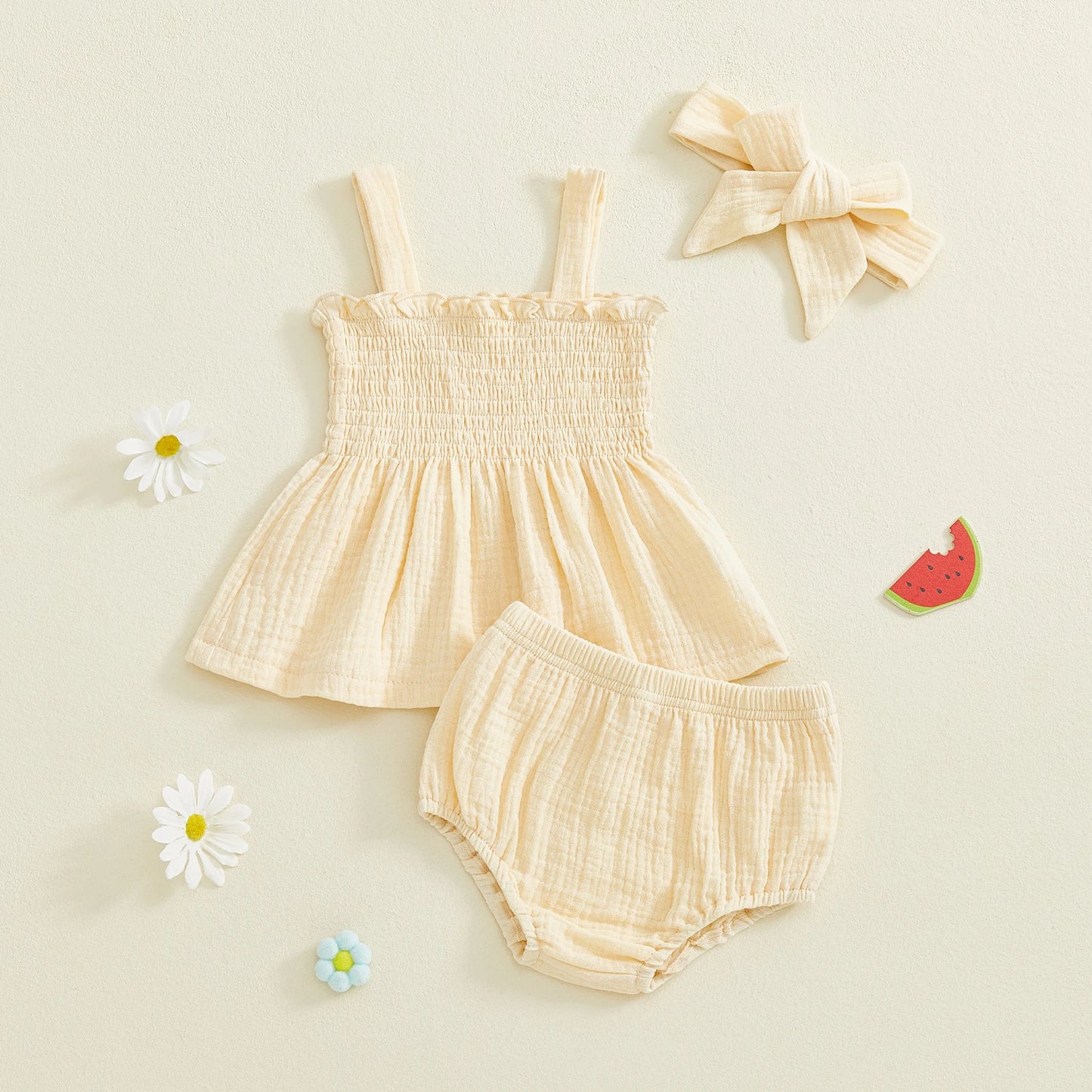 Baby Girl Summer Outfits Solid Color Ruffled Trim Smocked A Line Sleeveless Tops Shorts and Headband 3 Pcs Set