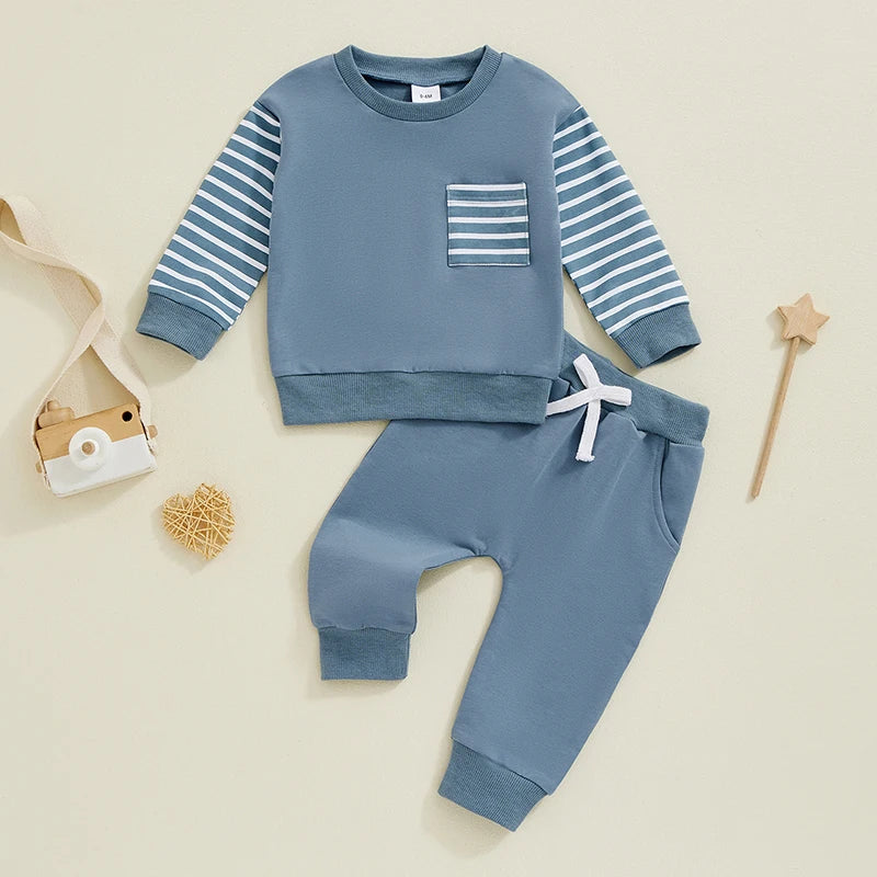 Baby Toddler Boys Girls 2Pcs Fall Outfit Striped Long Sleeve Top Elastic Waist Pants with Pockets Set