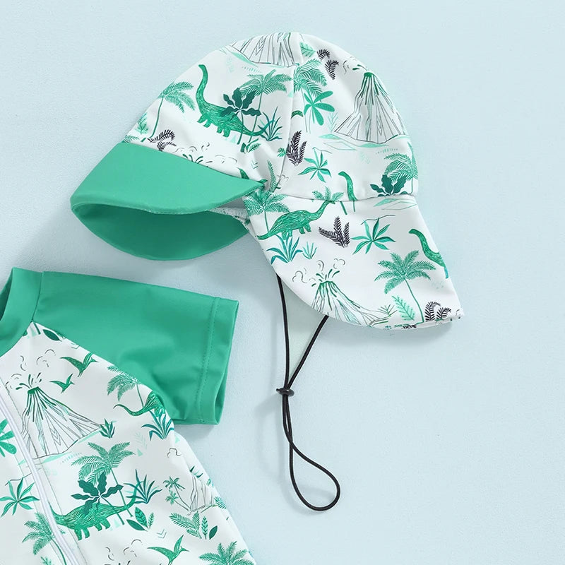 Baby Toddler Boys 3Pcs Swimsuit Palm Tree/Dinosaur Print Short Sleeve Top with Swim Trunks and Swim Cap Hat Bathing Suit Set