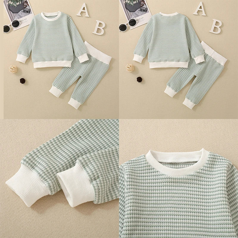 Baby Toddler Boys 2Pcs Fall Outfit Waffle Stripe Long Sleeve Top and Long Pants Set