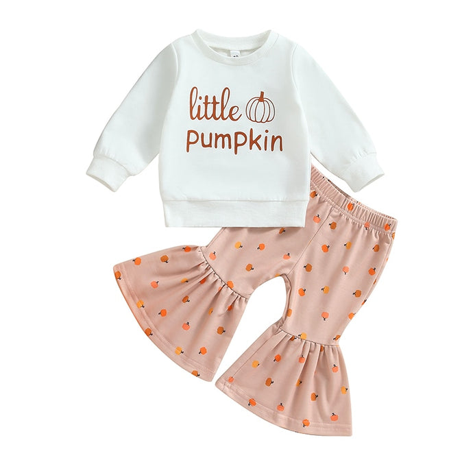 Baby Toddler Girls 2Pcs Halloween Outfit Long Sleeve Little Pumpkin Print Top Pumpkin Print Flared Bell Bottom Pants