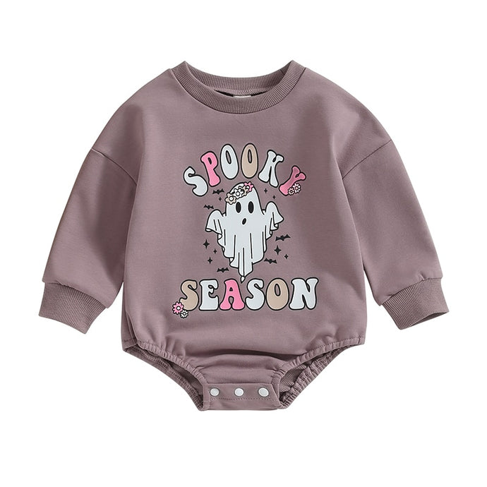 Baby Girls Halloween Crew Neck Romper Long Sleeve Spooky Season Ghost Print Bodysuit Playsuits