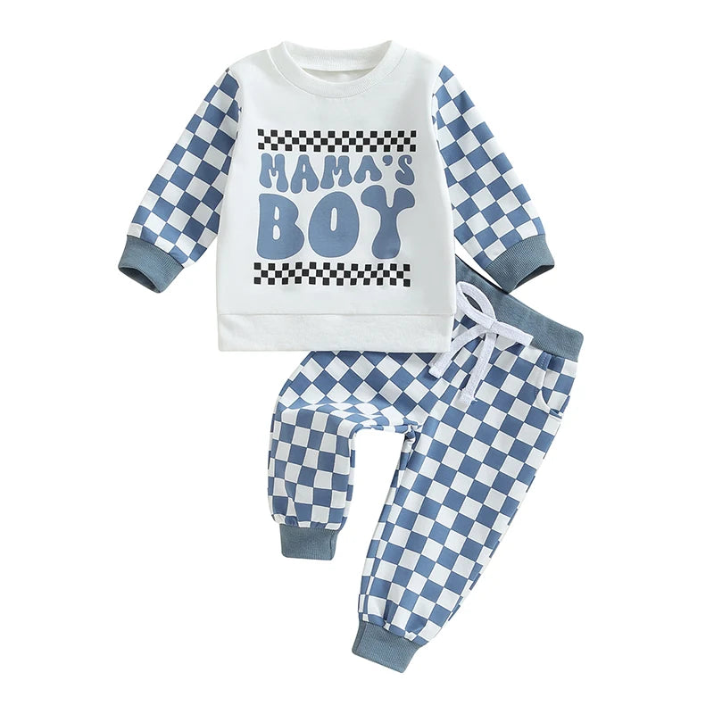 Baby Toddler Boys 2Pcs Mama's Boy Outfit Long Sleeve O Neck Letter Checker Print Top Drawstring Pants Set