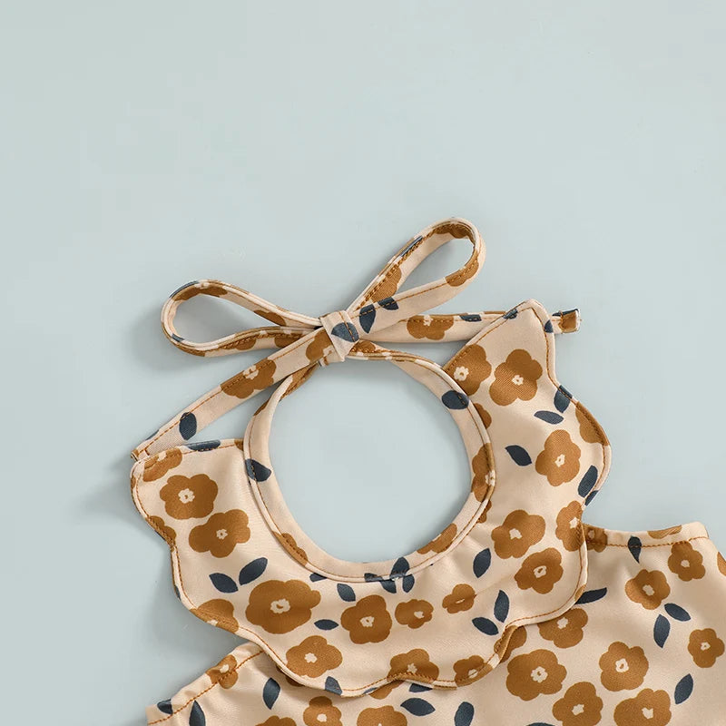 Baby Girls Halter Neck Swimwear Floral Cherry Print Romper Dress Bathing Suit Ruffled Beachwear