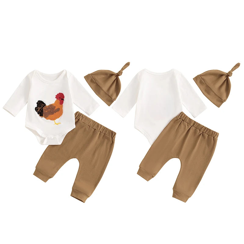 Baby Boy Girl 3Pcs Fall Outfit Chicken Embroidery Long Sleeve Romper Elastic Waist Pants Hat Clothes Set