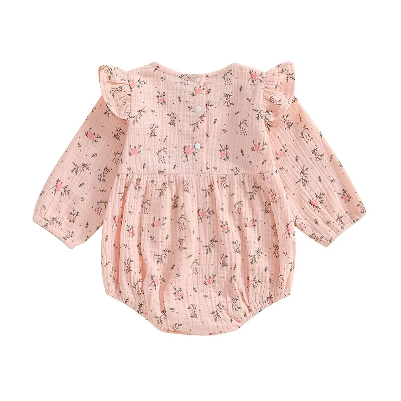 Baby Girls Autumn Romper Poof Sleeve O Neck Floral Flowers Print Frilly Romper