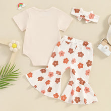 Load image into Gallery viewer, Baby Girl 3Pcs Daddy&#39;s Bestie Summer Outfit Short Sleeve Letter Print Romper + Elastic Waist Flare Flower Print Pants + Headband Set
