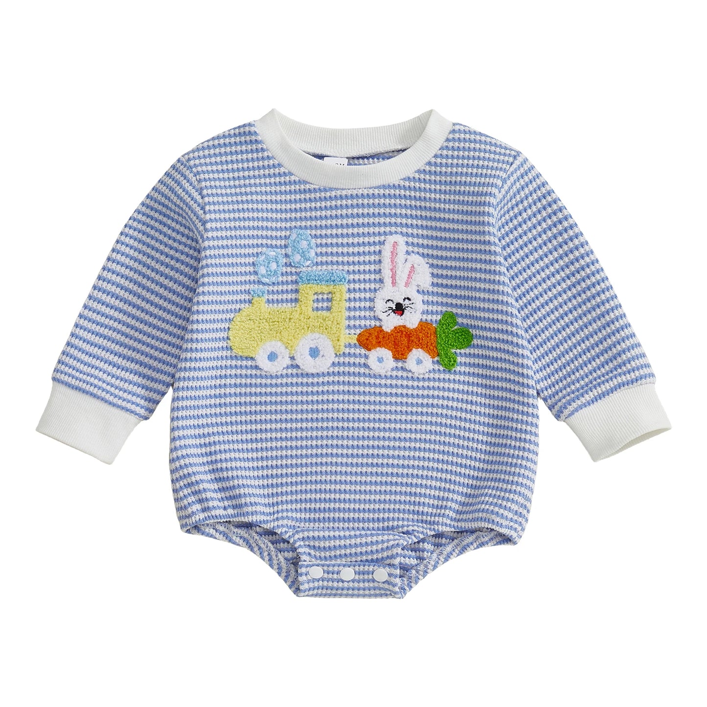 Baby Boy Easter Romper Striped Train Carrot Bunny Embroidered Long Sleeve Jumpsuit Casual Spring Clothes