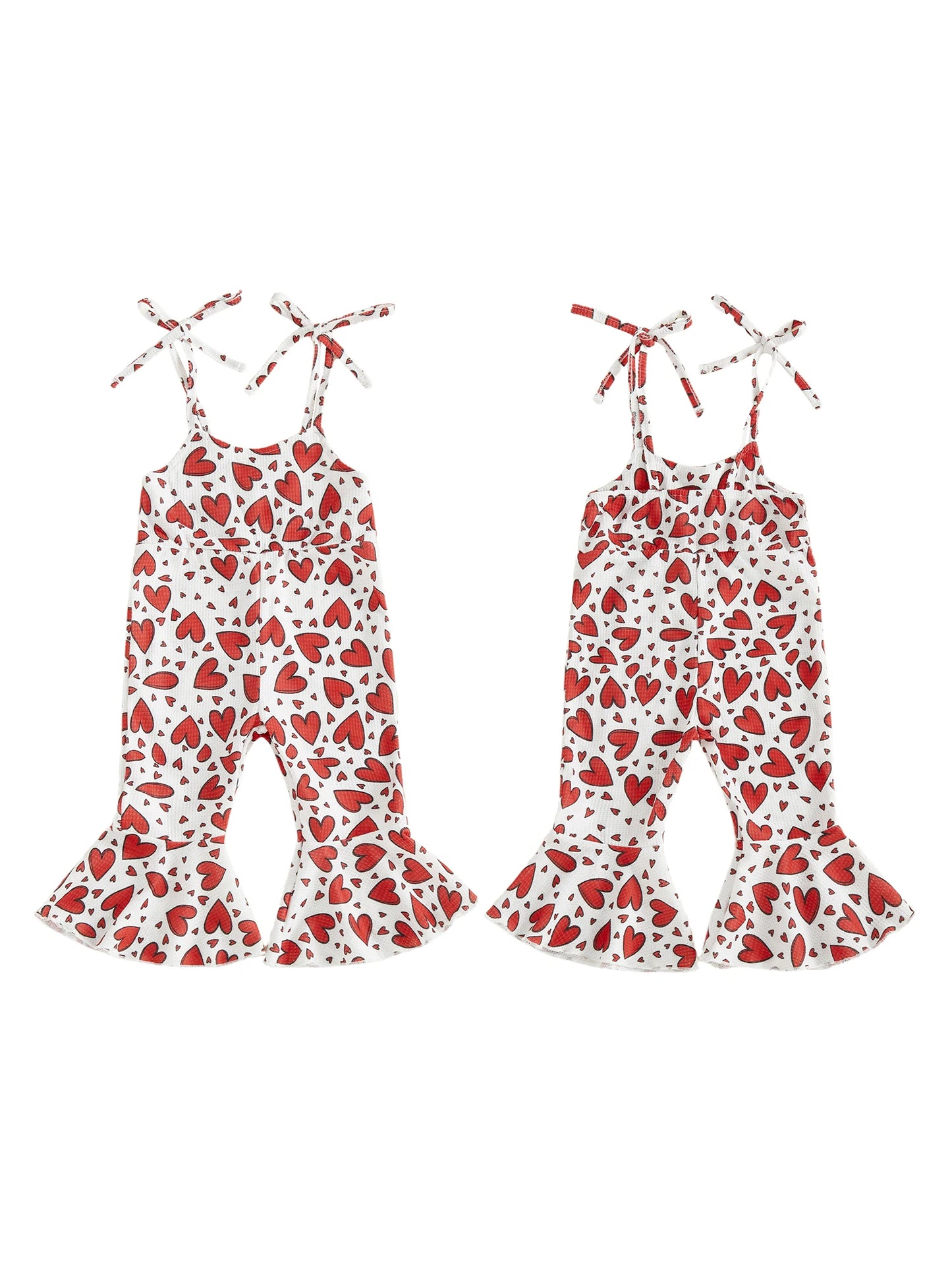 Toddler Kids Girls Valentine's Day Jumpsuit Sleeveless Tie Shoulder Straps Heart Print Romper Bell Bottoms