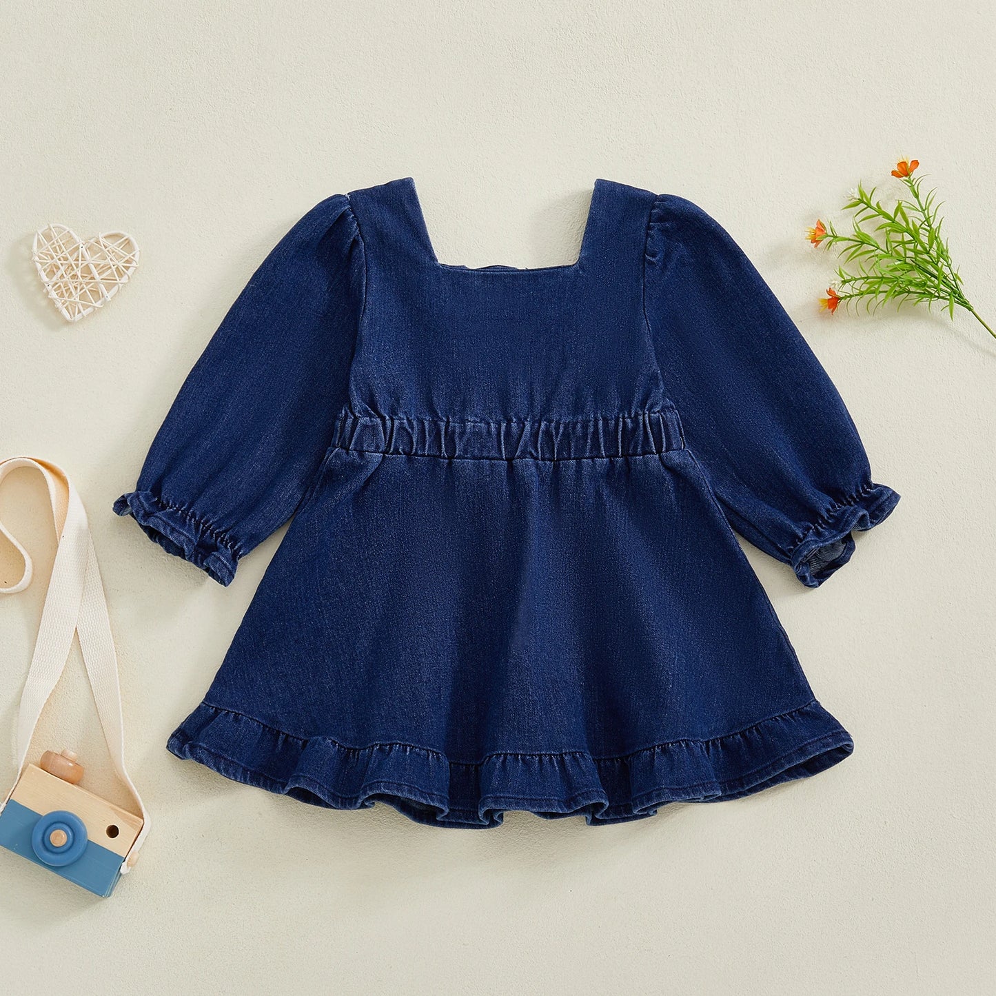 Baby Toddler Girl Denim Dress Long Puff Sleeve Button Down A-Line Dress Ruffle Dress