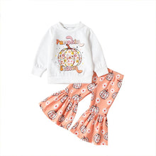 Load image into Gallery viewer, Toddler Baby Girl 2Pcs Halloween Clothes Pumpkin Print Long Sleeve Top Flower &amp; Pumpkin Flare Pant
