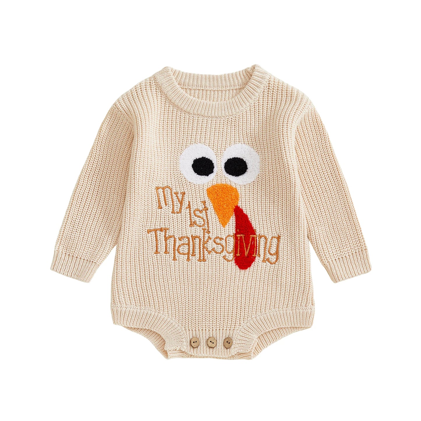 Baby Boys Girls My First Thanksgiving Romper Turkey Embroidery Long Sleeve Crew Neck Knit Bodysuit Romper