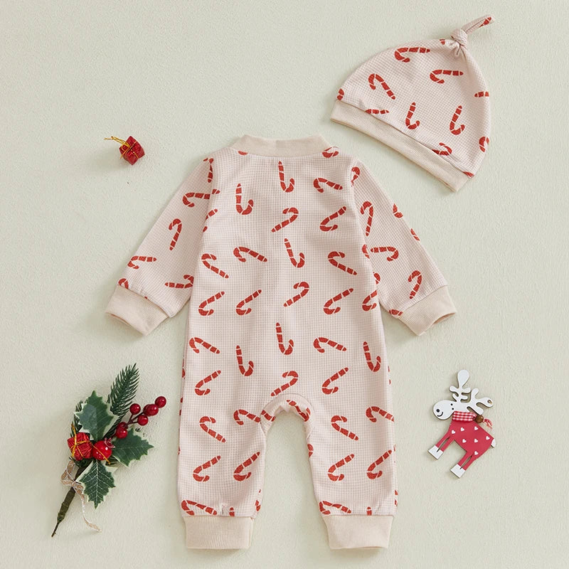 Baby Girl Boy 2Pcs Christmas Romper Candy Cane Print Long Sleeve Full Length Jumpsuit with Beanie Hat Set Outfit