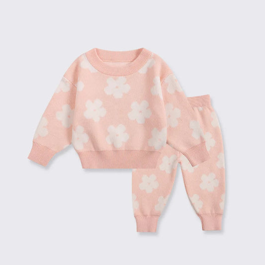Baby Toddler Girl 2Pcs Knit Clothes Set Baby Sweater Set Flower Print Knitted Pullover Top Pants Suit Warm Winter Outfit