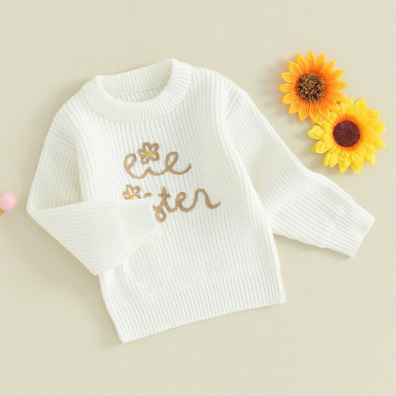 Baby Toddler Kids Girls Sweaters Lil Sister Letter Flower Embroidery Knitted Loose Long Sleeve Top