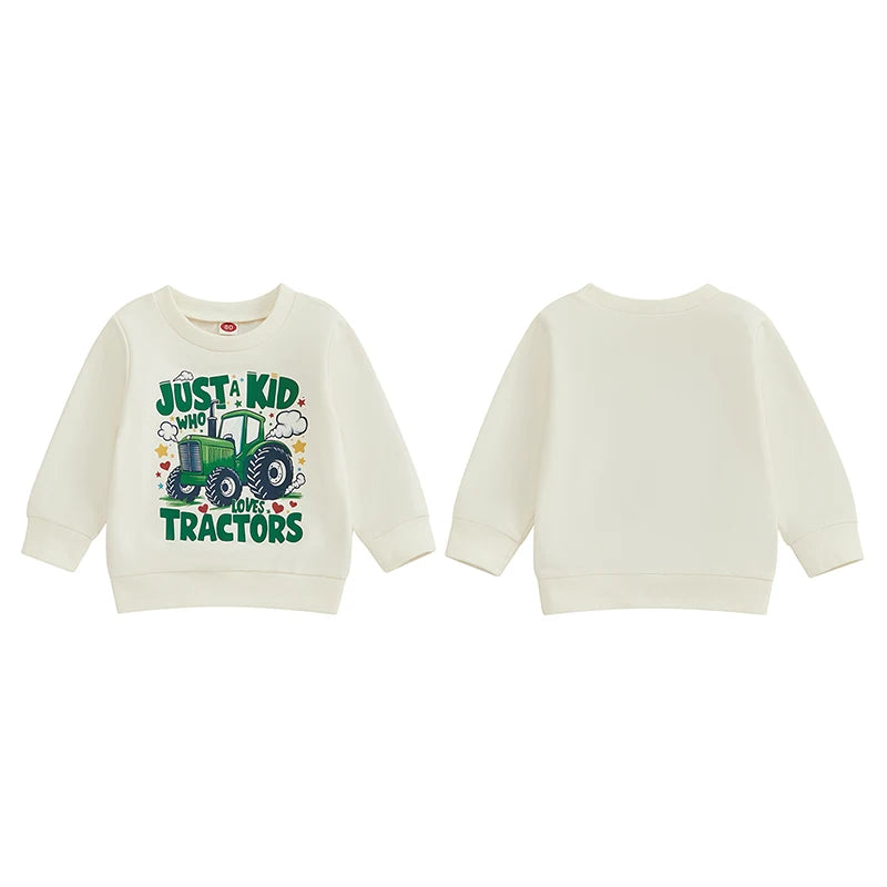 Baby Toddler Boys Just A Kid Who Likes Tractors Print Long Sleeve Crew Neck Pullover Fall Top