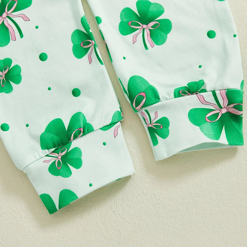 Baby Toddler Girls 3Pcs Daddy's Lucky Charm / Lucky Clover Spring Outfit Long Sleeve Top + Shamrock Pants + Headband Bow Set Clothes St. Patrick's Day