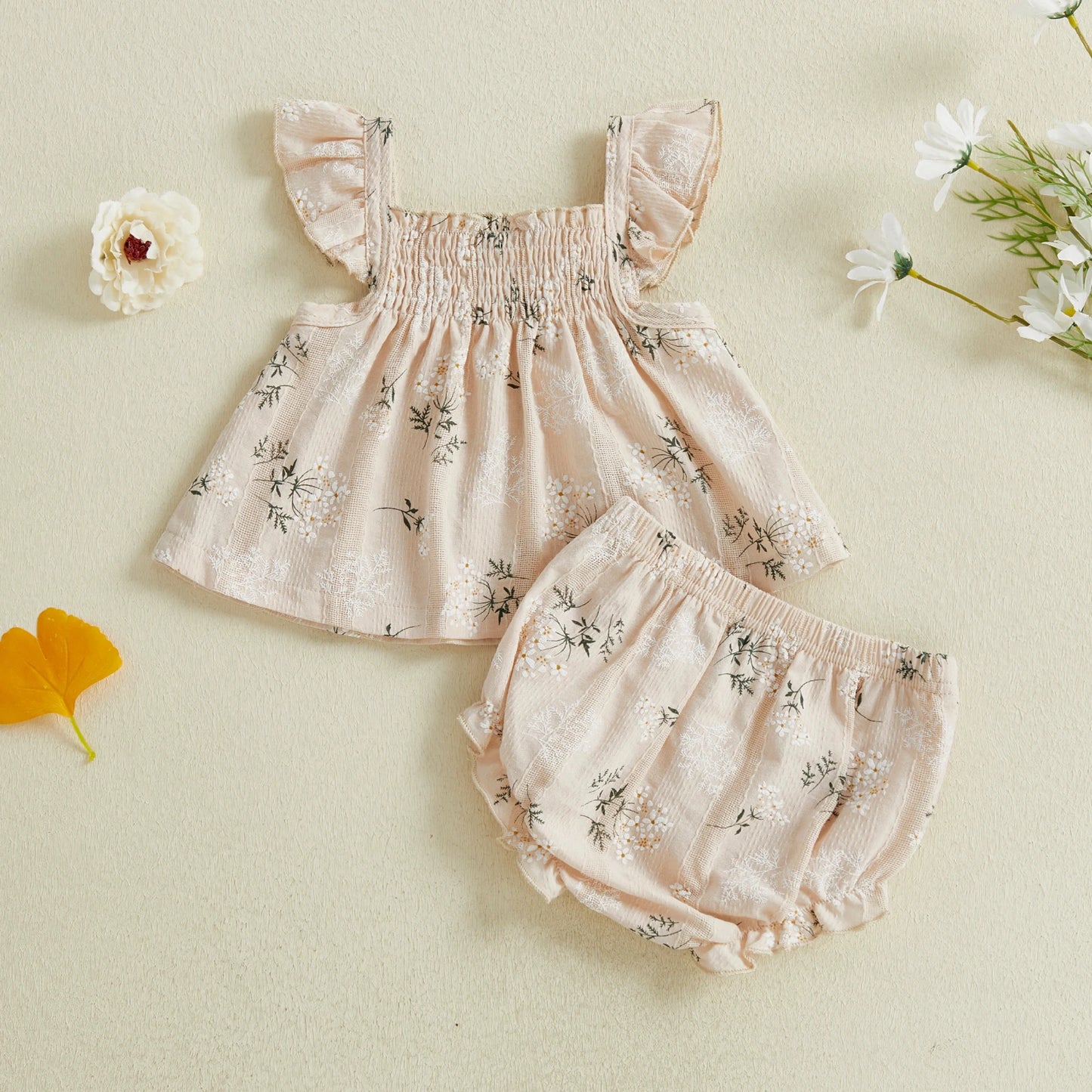 Baby Toddler Girl 2Pcs Summer Outfit Flower Flying Sleeve Ruffle Tank Top and Shorts Bloomers 2 Piece Casual Set