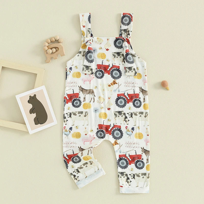 Baby Girl Boy Overalls Romper Farm Animals Print Highland Cows Tractors Sleeveless Tank Top Jumpsuit Pants