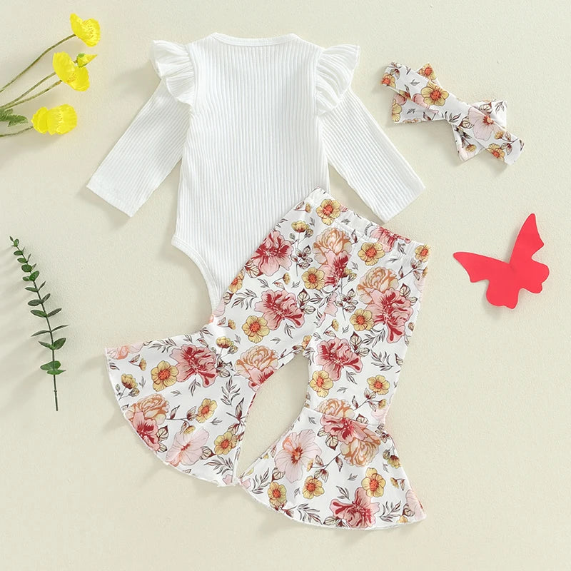 Baby Girls 3Pcs Fall Outfit Long Sleeve Ribbed Romper with Floral Flower Print Flare Pants and Headband Set