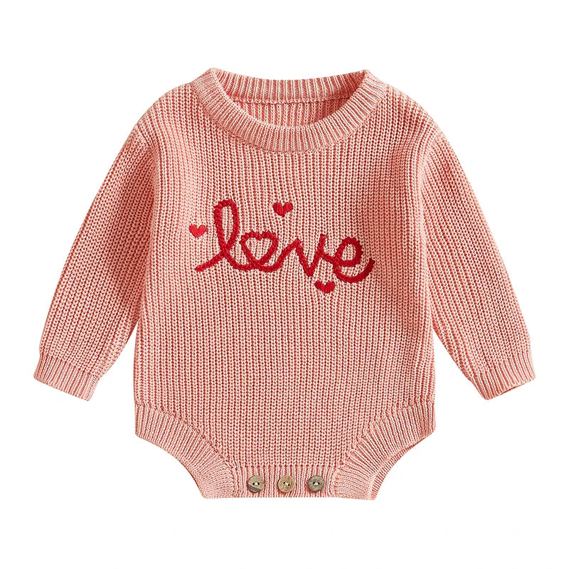 Baby Girl Boy Love Valentine’s Day Romper Long Sleeve O-Neck Letter Embroidery Knit Jumpsuit Sweater Bodysuit