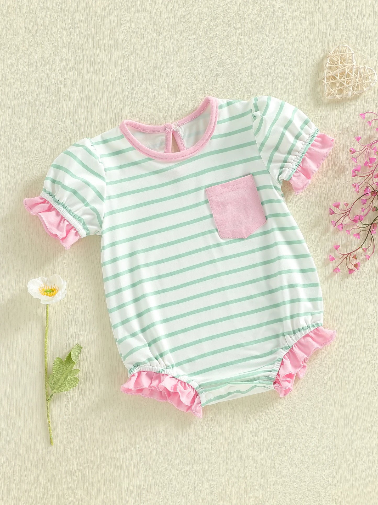 Baby Girl Striped Romper Ruffle Trim Short Sleeve Crewneck Jumpsuit Casual Summer Spring Clothes