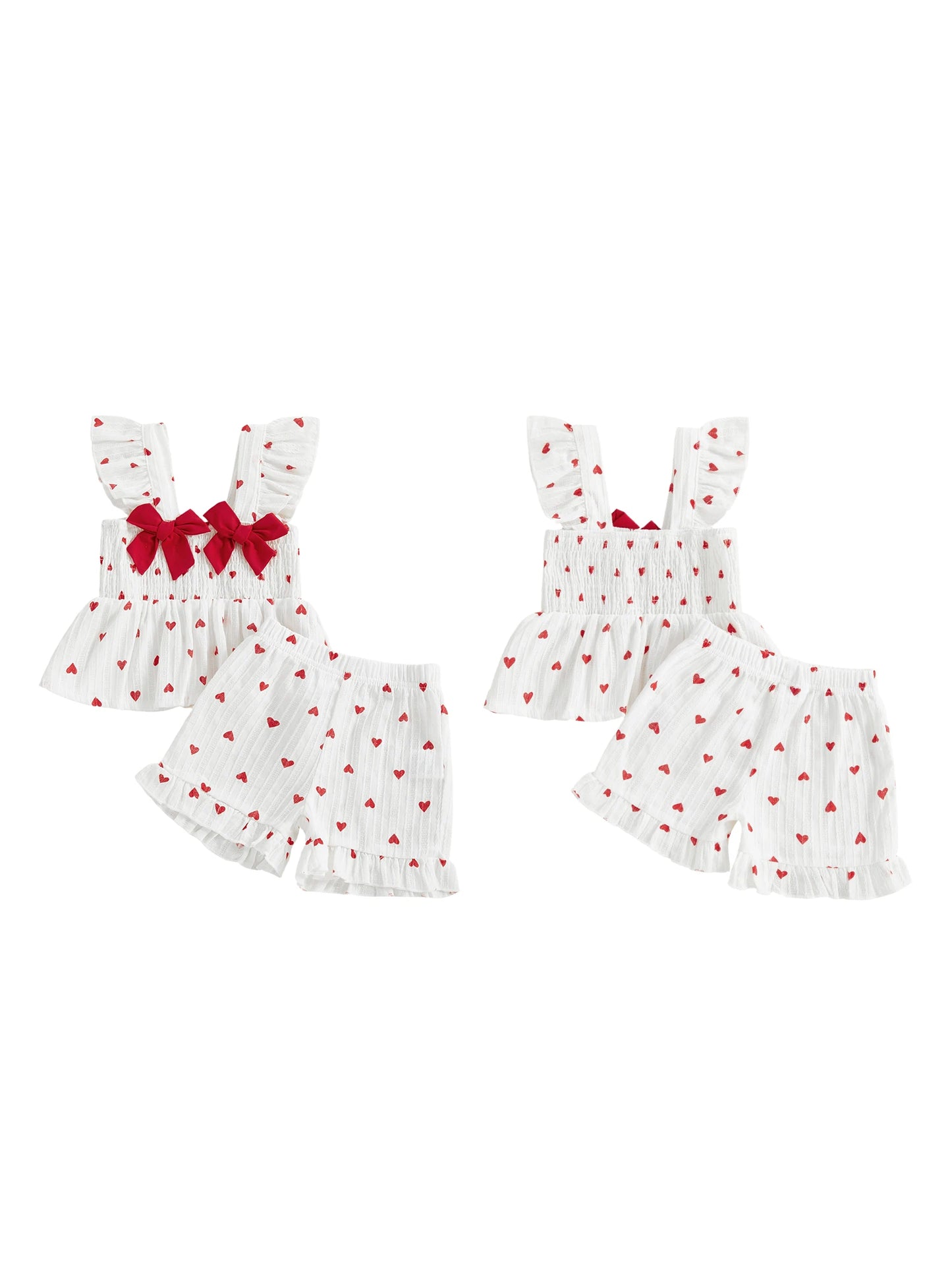 Baby Toddler Girls 2Pcs Valentine's Day Heart Print Ruffle Sleeve Tank Top and Shorts Set for a Sweet Holiday Look