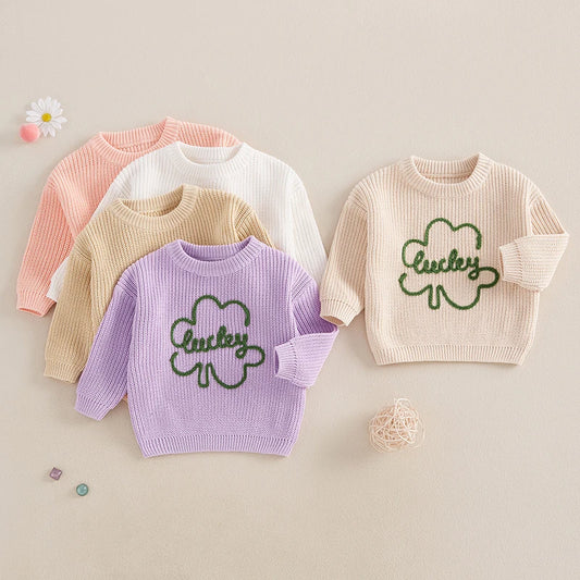 Baby Toddler Kids Boys Girls Lucky Knit Sweater Long Sleeve Round Neck Shamrock Letter Embroidery Pullover Spring St. Patrick's Day Top