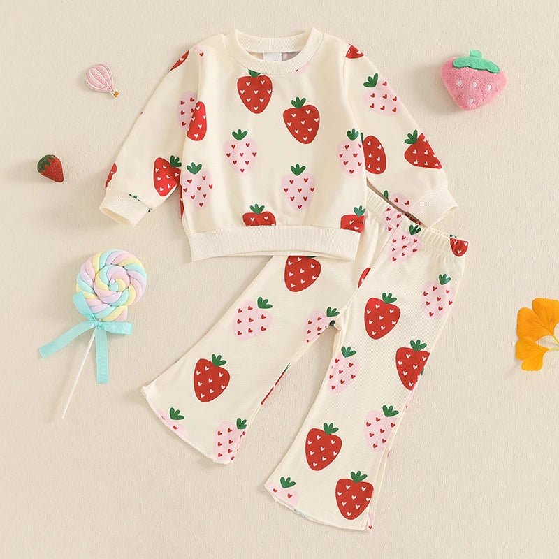 Baby Toddler Girls 2Pcs Outfit Strawberry Print Long Sleeve Crewneck Top with Flare Pants Set