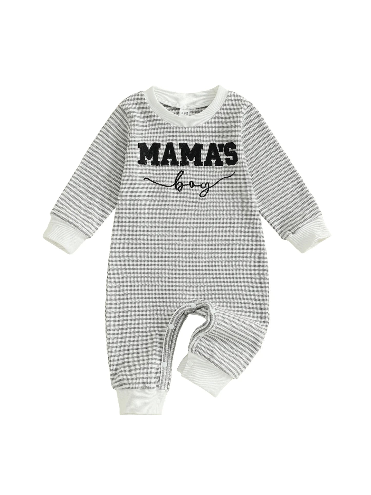 Baby Boys Mama's Boy Fall Romper Letter Embroidery Long Sleeve Round Neck Full Length Waffled Stripe Jumpsuit