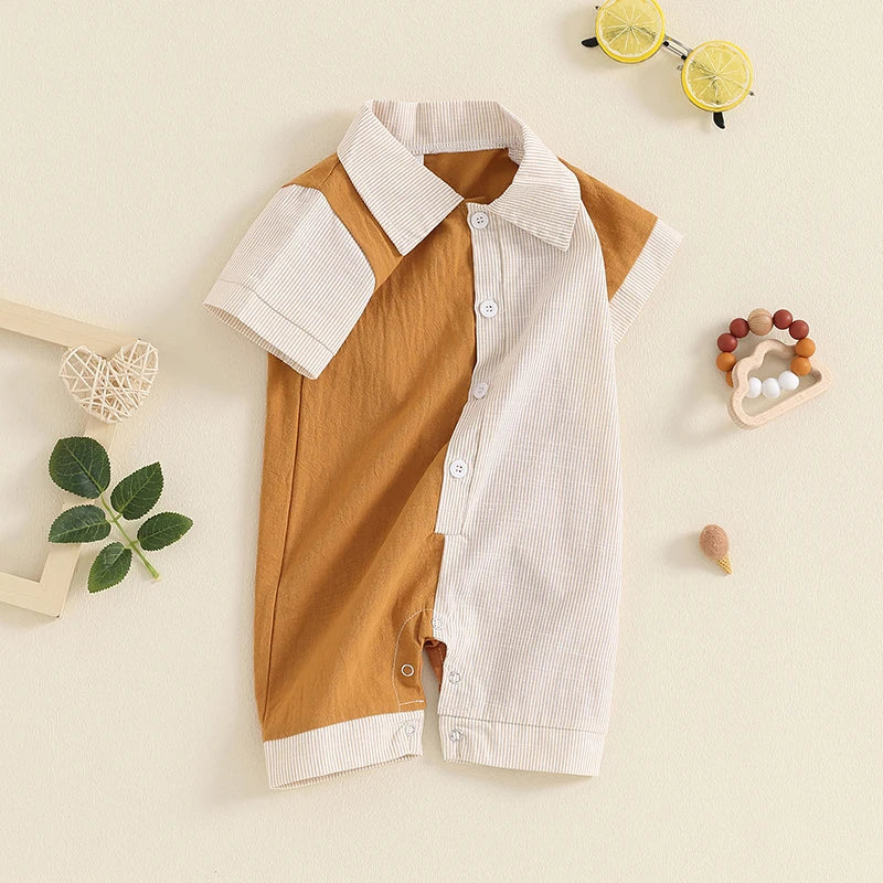 Baby Boy Jumpsuit Summer Short Sleeve Lapel Collar Stripes Contrast Color Print Romper Playsuit