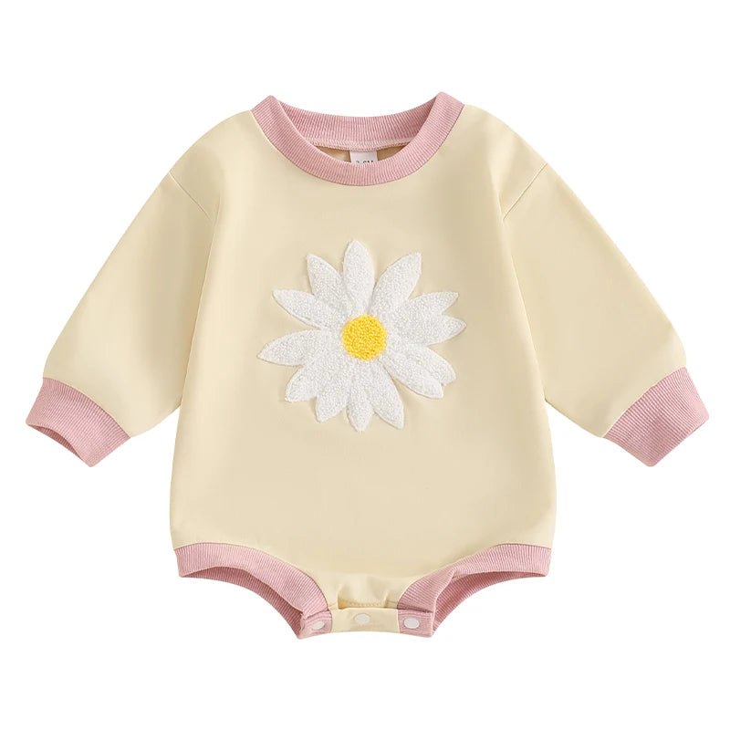 Baby Girls Bubble Romper Long Sleeve Crew Neck Embroidery Flower Jumpsuit Spring