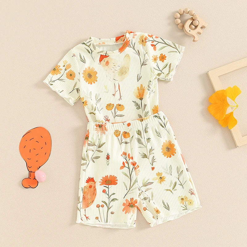 Toddler Kids Girls 2Pcs Clothes Set Chicken Cow Flower Print Short Sleeve Top with Shorts Summer Outfit