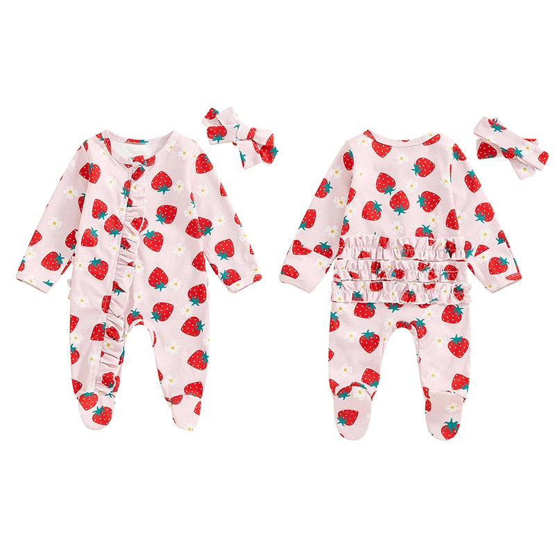 Baby Girls 2Pcs Long Sleeve Strawberry Flower Butterfly Print Frills Zipper Footies Jumpsuit and Headband Romper Set