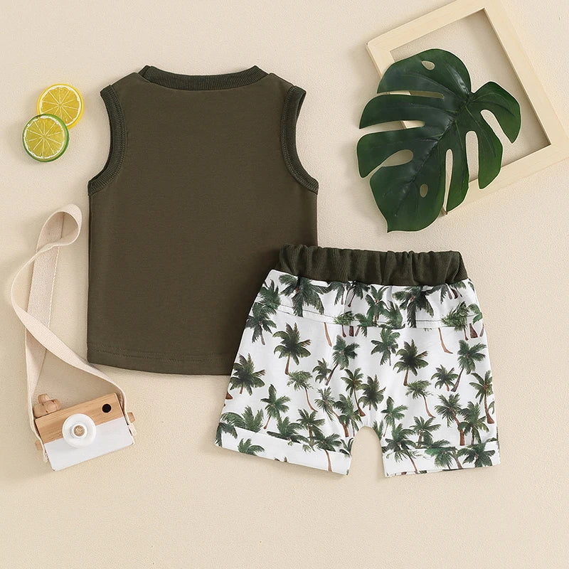 Toddler Baby Boys 2Pcs Summer Shorts Set Sleeveless Tank Top wth Pocket and Tropical Palm Tree Print Shorts Set