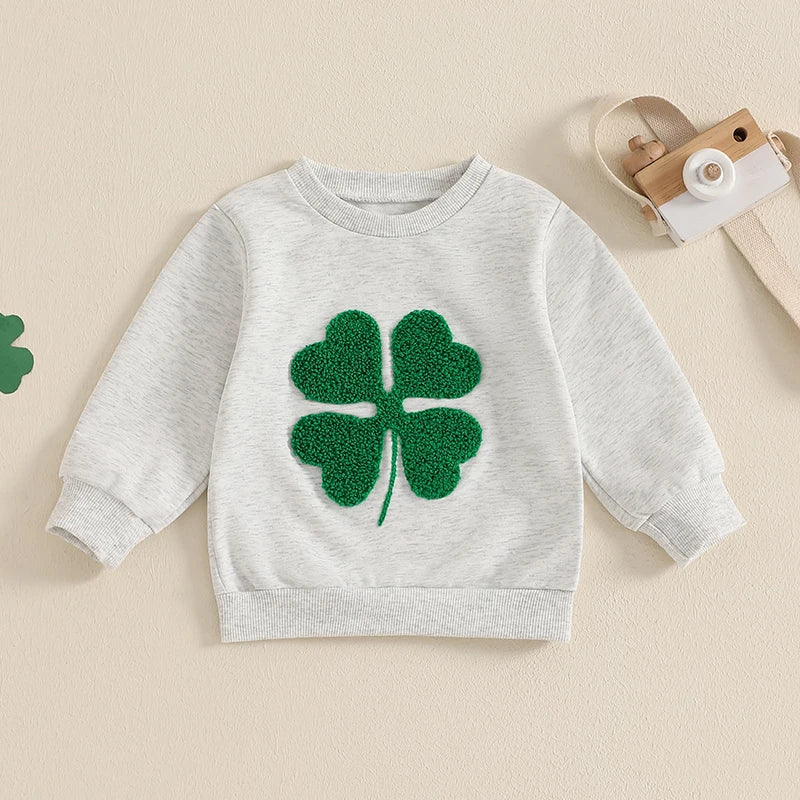 Baby Toddler Girl Boy St. Patrick's Day Casual Four Leaf Clover Shamrock Embroidery Long Sleeve Crewneck Top