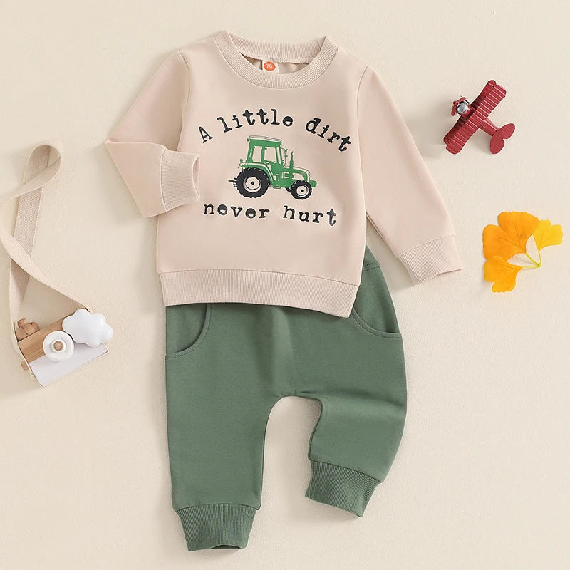 Baby Toddler Boys 2Pcs Fall A Litte Dirt Never Hurt Letter Tractor Print Long Sleeve Round Neck Top Drawstring Pocket Long Pants Outfit Set