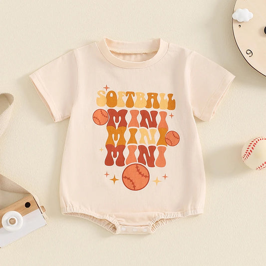 Baby Boys Girls Softball Mini Letter Baseball Print Romper Short Sleeve Round Neck Jumpsuit