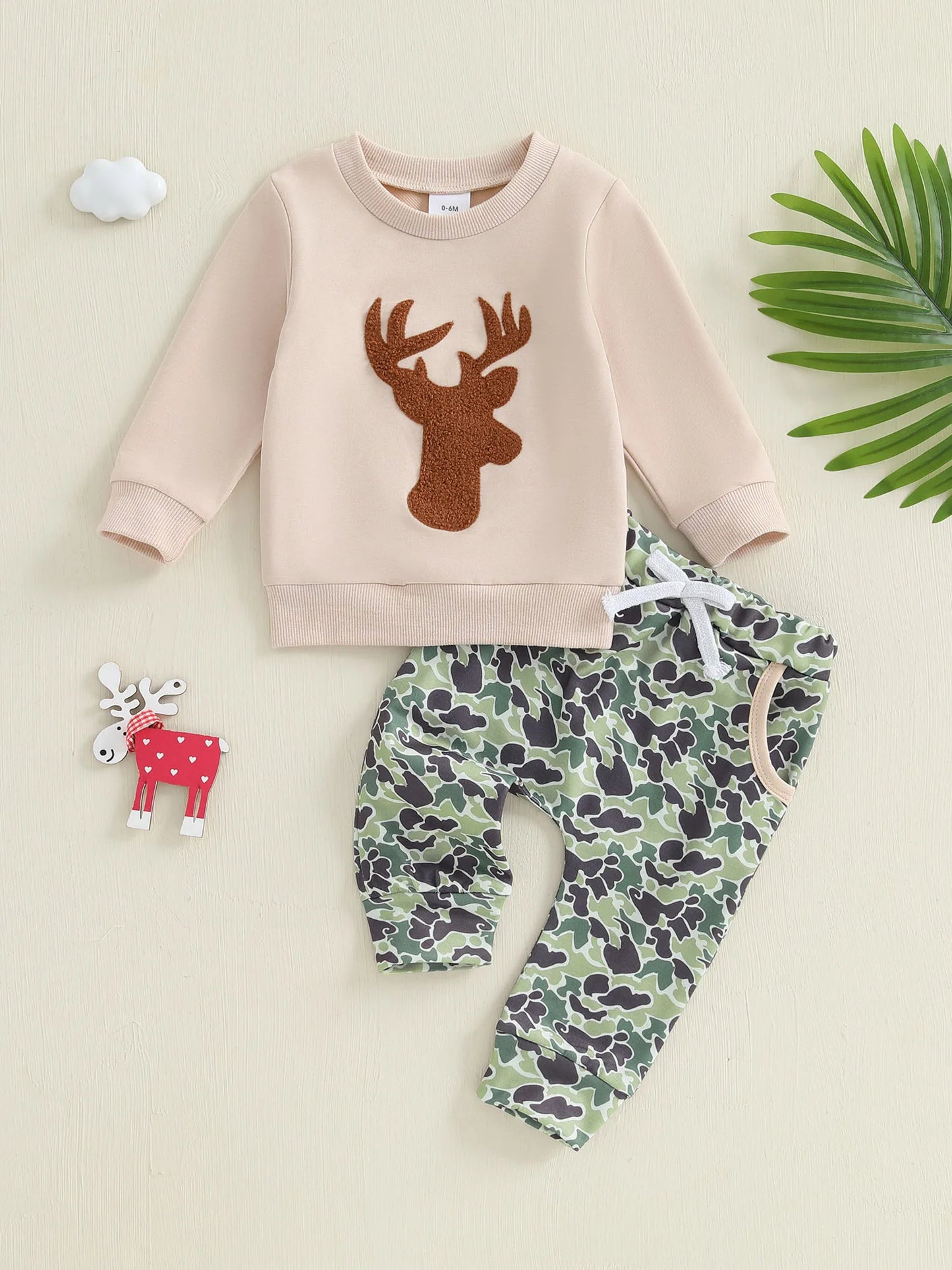 Baby Toddler Boys 2Pcs Fall Outfit Deer Print Long Sleeve Crewneck Top and Elastic Camouflage Pants Clothes Jogger Set