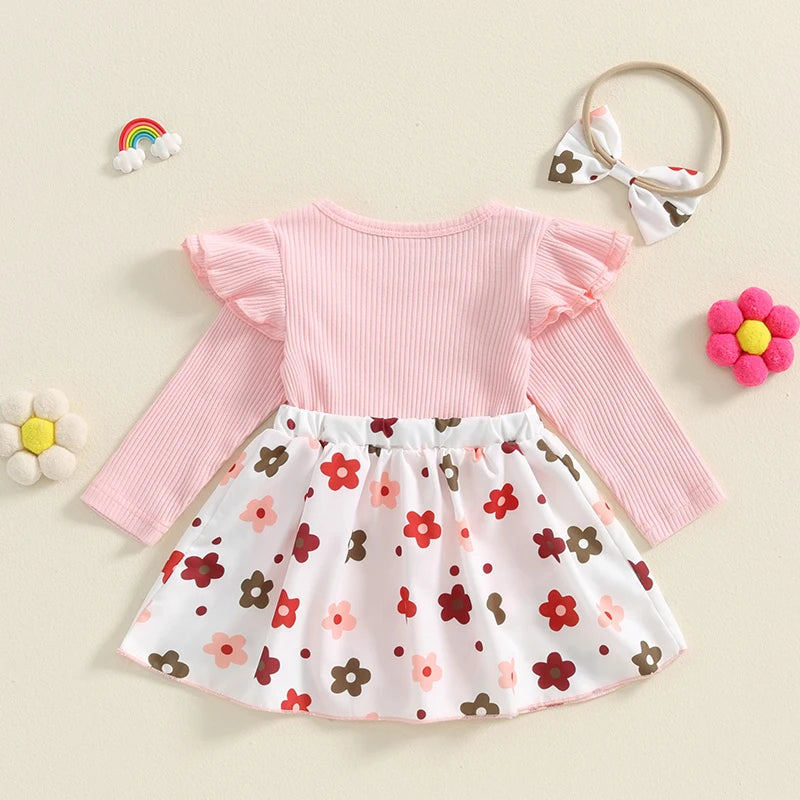 Baby Girls 2Pcs Romper Dress Flower Print Long Sleeve Skirt Overalls Jumpsuit Fall Bodysuits with Headband Set