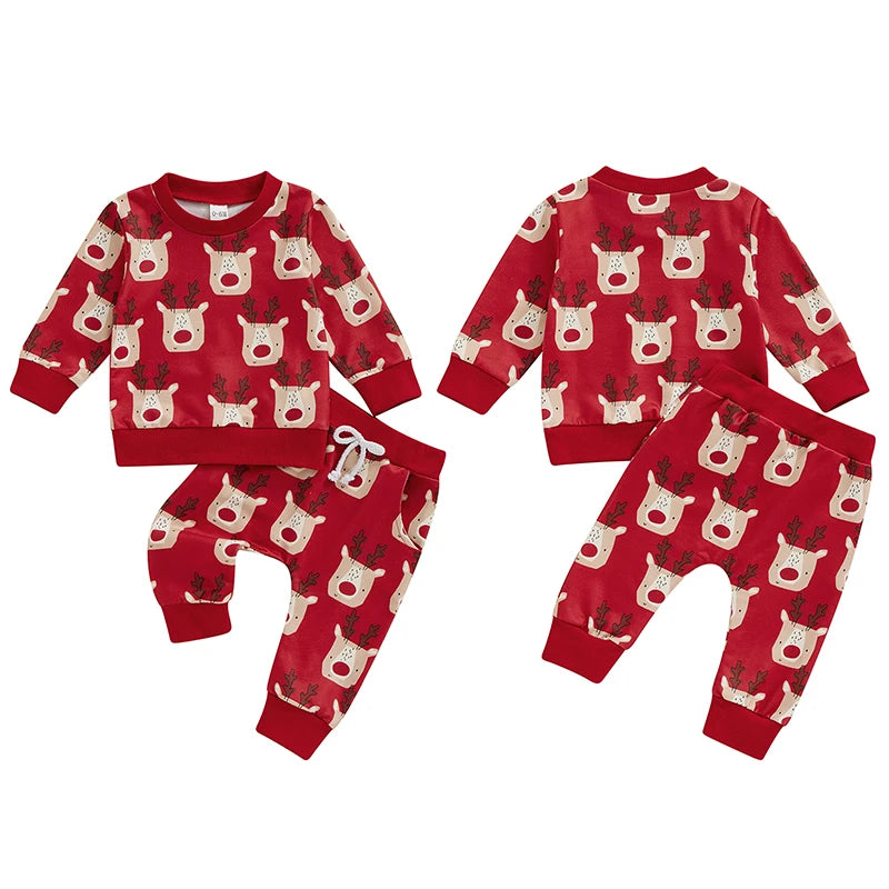 Baby Toddler Boys Girls Christmas Set Cartoon Reindeer Print Long Sleeve Crewneck Top with Elastic Waist Pants Outfit