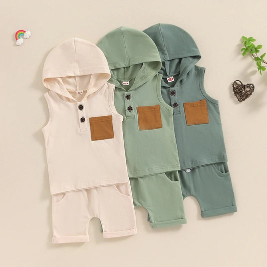 Baby Toddler Boys 2Pcs Summer Outfit Sleeveless Hooded Tank Top with Pocket Elastic Waist Shorts Set