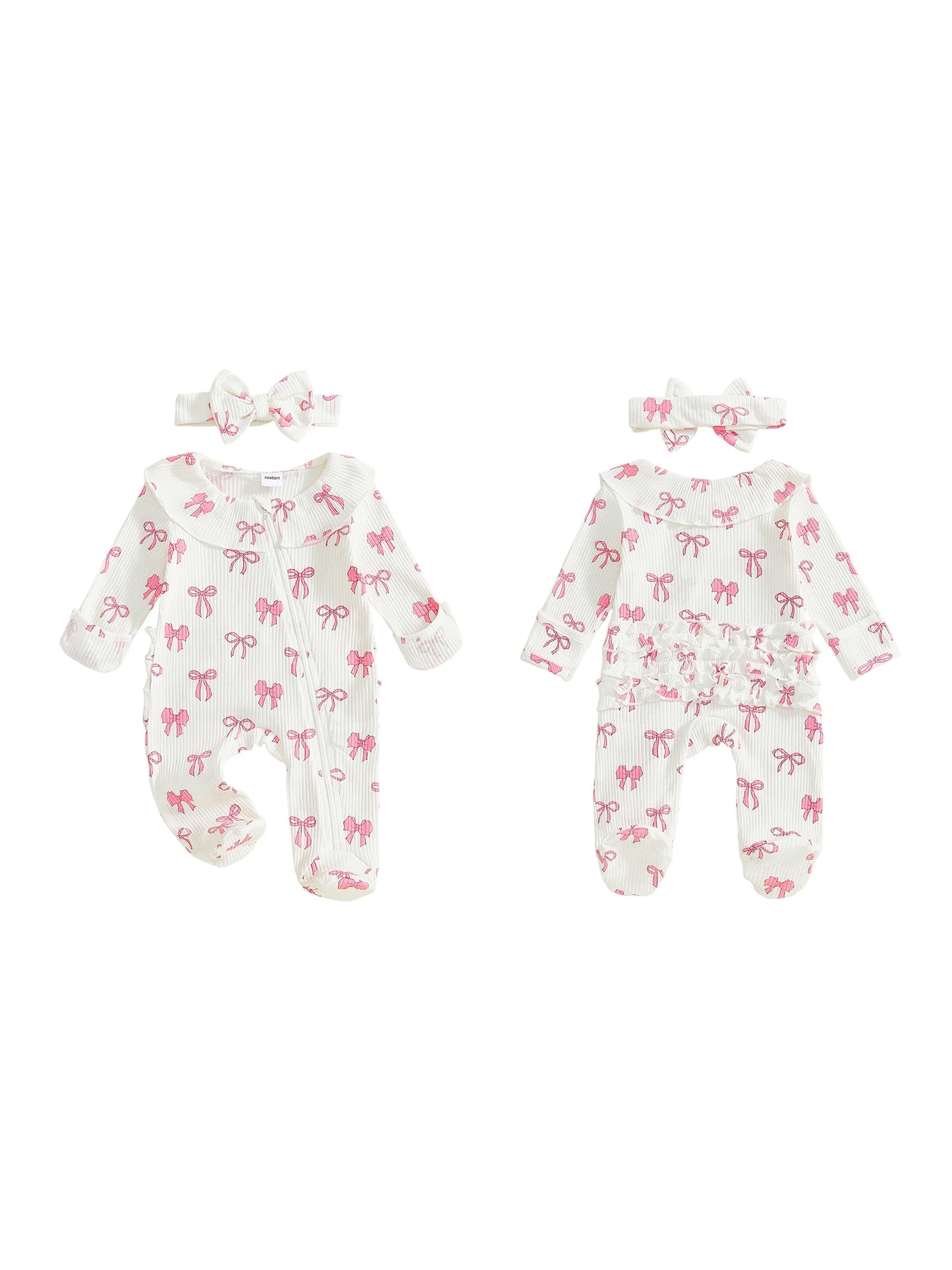 Baby Girls 2Pcs Outfits Cute Long Sleeve Round Neck Bow Print Full Length Footed Jumpsuit with Bow Headband Set