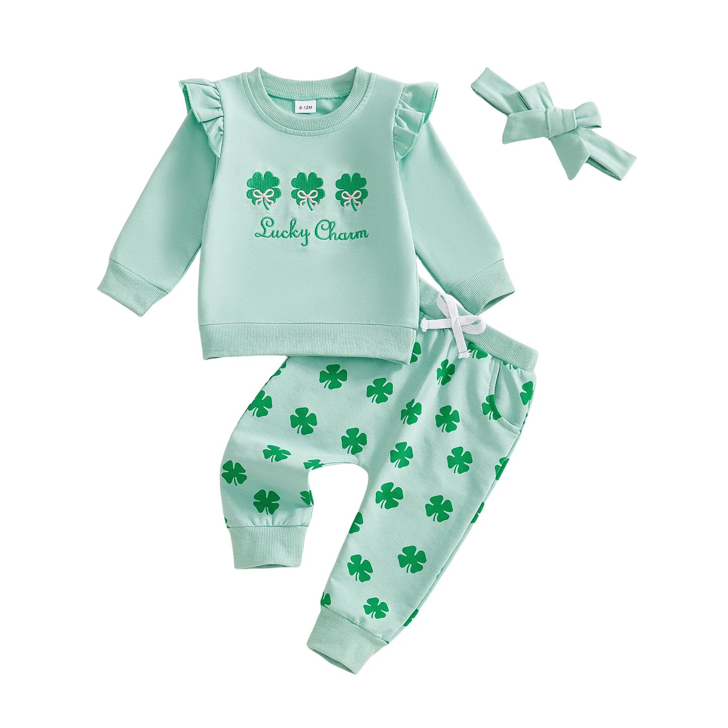 Baby Toddler Girls 3Pcs Lucky Charm Shamrock Print Long Sleeve Top with Pants Headband Clothing Set